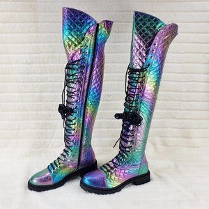 Travis Festive Quilted Metallic Rainbow Corset Lace Over the Knee Boots